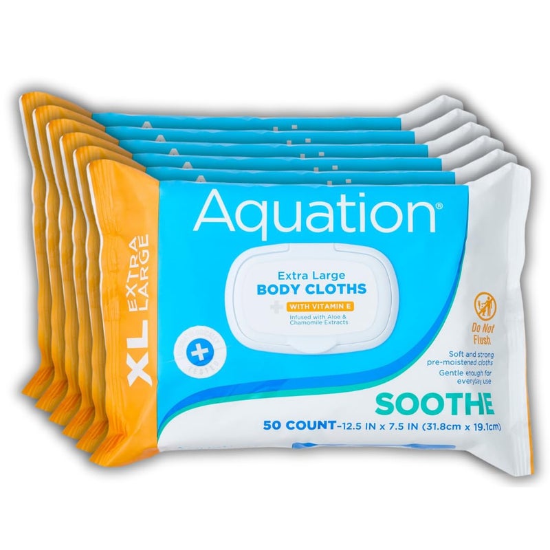 Aquation XL Body Cloth 125x75 NoRinse Cleansing Wipes with Aloe Vitamin E Hypoallergenic For Adults Kids Seniors Postpartum Caregivers 50 Count 6 Pack 300 Total